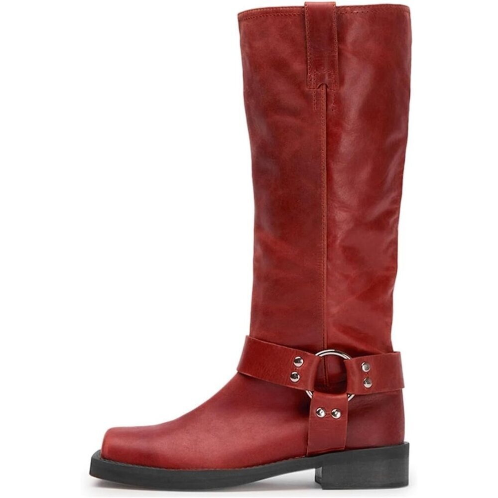 Caradise Womens Red Knee High Motorcycle Square Toe Pull On Comfort Flat Boots